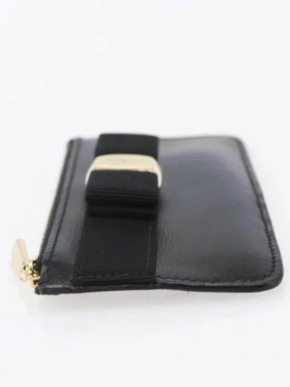 Salvatore Ferragamo Vala Card Case Leather Black Gold Auth BA8463
